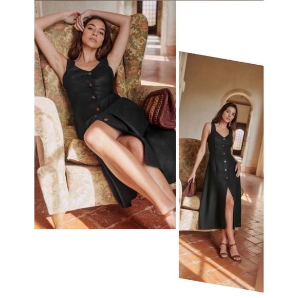 Sezane Gabby Long Dress Black 100% Linen Button Down Midi Maxi Noir US 8 NEW
